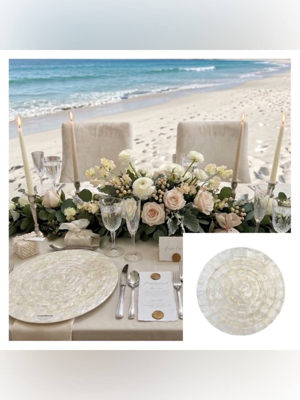 Set (2) Pearly Crate&Barrel Genuine Capiz Shell Round Placemats Chargers 14”